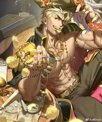  1boy abs absurdres bara bare_pectorals beard blonde_hair bulge chiizu_namasu coat coat_on_shoulders coin eugene_kidd eyepatch facial_hair feet_out_of_frame from_above gold_coin hat highres large_pectorals male_focus mature_male mouth_hold muscular muscular_male navel nipples original pants pectorals pirate pirate_hat red_eyes rich scar scar_on_chest short_hair smile thick_eyebrows throwing_money veins veiny_arms 