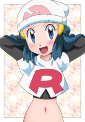  :d arms_behind_head beanie blue_eyes blue_hair blush border commentary_request cosplay dawn_(pokemon) elbow_gloves eyelashes female gloves hainchu hair_ornament hairclip hat highres jacket jessie_(pokemon) jessie_(pokemon)_(cosplay) long_hair looking_at_viewer navel open_mouth pokemon pokemon_(anime) pokemon_dppt_(anime) shiny_skin sidelocks smile solo team_rocket team_rocket_uniform tongue upper_body white_border white_hat white_jacket 