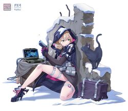  absurdres artist_name bag beretta_px4 black_cat blonde_hair breath character_name commentary computer crate dress feline female full_body girls&#039;_frontline gloves green_eyes gun hair_between_eyes handgun hiding high_heels highres holding holding_gun holding_weapon hood hood_up hooded_coat laptop legs load_bearing_equipment mole mole_under_eye on_one_knee pouch px4_storm_(girls&#039;_frontline) rubble shoes short_dress short_hair shoulder_pads snow snow_on_head solo sweatdrop thigh_strap vaffer wall weapon 