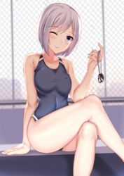  blue_eyes blue_one-piece_swimsuit breasts chain-link_fence closed_mouth collarbone competition_swimsuit crossed_legs feet_out_of_frame female fence goggles grey_hair hair_ornament hairclip hamakaze_(kancolle) highres holding holding_goggles kantai_collection kitsune_udon_(ai_br) one-piece_swimsuit one_eye_closed short_hair sitting smile solo swimsuit 