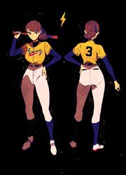  baseball_bat baseball_uniform black_background brown_hair character_name female hand_on_own_hip highres holding holding_baseball_bat karo-ta_(krt033) lightning_bolt_symbol long_hair long_sleeves multiple_views ponytail professor_layton remi_altava simple_background sportswear standing 