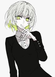  act-age black_dress closed_mouth colored_inner_hair dress ebanoniwa female green_eyes green_hair grey_hair hand_up index_finger_raised long_sleeves looking_at_viewer medium_hair momoshiro_chiyoko multicolored_hair simple_background smile solo white_background 