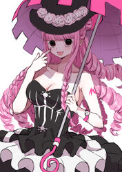  bare_shoulders bat_tattoo black_dress black_eyes black_hat breasts cleavage commentary_request dress drill_hair female flower gothic_lolita hat hat_flower highres holding holding_umbrella large_breasts lolita_fashion long_hair looking_at_viewer medium_breasts mochi_mochi052 one_piece perona pink_hair pink_tattoo rose shoulder_tattoo simple_background sleeveless smile solo tattoo tongue tongue_out umbrella very_long_hair watch white_background white_flower white_rose wristwatch 