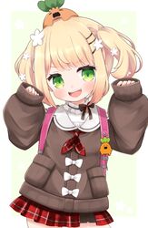  :d absurdres aged_down blonde_hair blush brown_sweater cocozasa commentary_request cowboy_shot crime_prevention_buzzer female flower green_eyes hair_flower hair_ornament hairclip hands_up highres hololive long_sleeves looking_at_viewer momosuzu_nene momosuzu_nene_(casual) neckerchief nekko_(momosuzu_nene) official_alternate_costume official_alternate_hair_length official_alternate_hairstyle open_mouth plaid plaid_skirt red_neckerchief red_skirt short_hair simple_background skirt sleeves_past_fingers sleeves_past_wrists smile solo standing sweater teeth twintails upper_teeth_only virtual_youtuber white_flower 