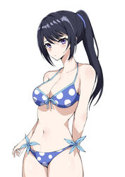  arm_behind_back bikini black_hair blue_bikini breasts cleavage closed_mouth cowboy_shot female hibike!_euphonium high_ponytail highres kousaka_reina large_breasts looking_at_viewer navel polka_dot polka_dot_bikini ponytail purple_eyes sak1_01 simple_background solo stomach swimsuit white_background 