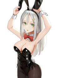  animal_ears arms_up black_leotard black_pantyhose bow bowtie breasts cleavage commentary_request cowboy_shot detached_collar fake_animal_ears female green_eyes hair_ornament hairband hairclip highres leotard long_hair medium_breasts original pantyhose playboy_bunny rabbit_ears rabbit_tail red_bow red_bowtie simple_background solo strapless strapless_leotard sunga2usagi tail white_background white_hair wrist_cuffs 