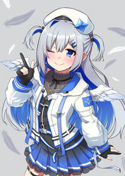  ;) absurdres amane_kanata amane_kanata_(work) angel angel_wings asymmetrical_bangs asymmetrical_hair asymmetrical_legwear belt beret blue_eyes blue_hair blue_wings colored_inner_hair feathered_wings feathers female gloves gradient_wings grey_hair grey_jacket hair_ornament hair_over_one_eye hairclip hat highres hololive hood hoodie jacket long_hair minasoko1130 mini_wings mismatched_legwear multicolored_hair multicolored_wings official_alternate_hair_length official_alternate_hairstyle one_eye_closed partially_fingerless_gloves pink_hair pleated_skirt single_hair_intake skirt sleeveless sleeveless_turtleneck smile solo streaked_hair turtleneck two_side_up virtual_youtuber white_wings wings 