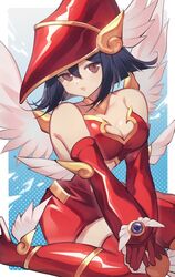  apple_magician_girl bare_shoulders black_hair breasts brown_eyes cleavage clothing_cutout detached_sleeves dress duel_monster feathered_wings feet_out_of_frame female gloves hajime_daijo hat head_tilt long_sleeves medium_hair open_mouth red_dress red_gloves sitting solo stomach_cutout wariza wing_hat_ornament winged_footwear wings yu-gi-oh! 