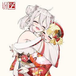  2girls ^_^ animal_ear_fluff animal_ears blonde_hair bow closed_eyes collaboration double_bun english_commentary hair_bun hairbow highres hololive horns hug japanese_clothes kimono lakart lion_ears lion_girl multiple_girls official_alternate_costume official_alternate_hair_length official_alternate_hairstyle open_hand open_mouth red_bow red_headwear sheep_ears sheep_girl sheep_horns shishiro_botan shishiro_botan_(new_year) smile tsunomaki_watame tsunomaki_watame_(new_year) two_side_up unexistarts virtual_youtuber wide_sleeves yukata 