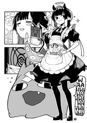  ... a:n_(angrynum) alternate_costume animal_ears ao-chan_(ninomae_ina&#039;nis) apron bell blunt_bangs blush bow breasts cat_ears cat_tail closed_eyes closed_mouth commentary enmaided female frills gloves greyscale hair_behind_ear halo hand_on_own_hip hat headpiece high_heels highres hololive hololive_english jingle_bell long_hair looking_to_the_side maid maid_apron mob_cap monochrome ninomae_ina&#039;nis oerba_yun_fang open_mouth pointy_ears sidelocks small_breasts smile speech_bubble spoken_ellipsis tail takodachi_(ninomae_ina&#039;nis) tentacle_hair virtual_youtuber 