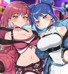  2girls bike_shorts blue_hair breasts cleavage cropped_vest duel_monster evil_twin_ki-sikil evil_twin_lil-la eyelashes fingernails grin hands_on_another&#039;s_hips highres jacket ki-sikil_(yu-gi-oh!) large_breasts lil-la_(yu-gi-oh!) lipstick lipstick_mark looking_at_viewer makeup multiple_girls navel official_alternate_costume ransusan red_hair short_hair smile teeth vest yu-gi-oh! 