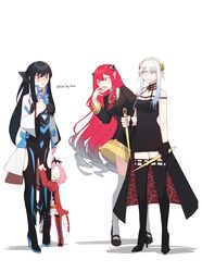  4girls absurdres anya_(spy_x_family) anya_(spy_x_family)_(cosplay) baobhan_sith_(fate) baobhan_sith_(fate)_(cosplay) baobhan_sith_(first_ascension)_(fate) black_bow black_dress black_hair blue_eyes bow braid center_frills center_opening clothing_cutout cosplay costume_switch dagger dress dual_wielding earrings family fate/grand_order fate_(series) flower frills gold_earrings gold_hairband grey_eyes hair_flower hair_ornament hairband hairpods half_up_braid highres holding house_tag_denim jewelry knife lolicon morgan_le_fay_(fate) morgan_le_fay_(fate)_(cosplay) multiple_girls pink_hair pointy_ears red_dress red_eyes rose sidelocks spy_x_family stomach_cutout tiara two-sided_dress two-sided_fabric two-tone_dress weapon white_hair yor_briar yor_briar_(cosplay) 