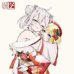  2girls animal_ear_fluff animal_ears blonde_hair bow bright_pupils collaboration double_bun english_commentary fang_out grey_eyes hair_bun hairbow highres hololive horns hug japanese_clothes kimono lakart lion_ears lion_girl multiple_girls oerba_yun_fang official_alternate_costume official_alternate_hair_length official_alternate_hairstyle one_eye_closed open_hand open_mouth purple_eyes red_bow red_headwear scared sheep_ears sheep_girl sheep_horns shishiro_botan shishiro_botan_(new_year) skin_fang tsunomaki_watame tsunomaki_watame_(new_year) two_side_up unexistarts virtual_youtuber white_pupils wide_sleeves yukata 