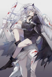  angel_statue angel_wings animal_ears arknights black_coat black_footwear blood blood_on_face blood_on_weapon bloody_wings boots carrying chipped_sword coat dress feathered_wings female finger_to_own_chin grey_eyes grey_hair hair_ornament hairclip hand_on_another&#039;s_shoulder headless highres holding holding_sword holding_weapon lappland_(arknights) lappland_(refined_horrormare)_(arknights) lizi_(st3648) long_hair material_growth official_alternate_costume open_clothes open_coat oripathy_lesion_(arknights) scar scar_across_eye scar_on_face solo statue sword tail weapon wings wolf_ears wolf_girl wolf_tail 