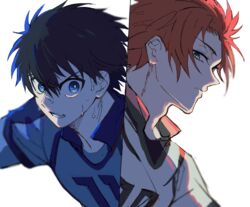  2boys absurdres black_hair blue_eyes blue_lock commentary_request green_eyes highres isagi_yoichi itoshi_sae looking_at_another male_focus multiple_boys red_hair short_hair soccer soccer_uniform sportswear sweat toramaru_(696anna) 