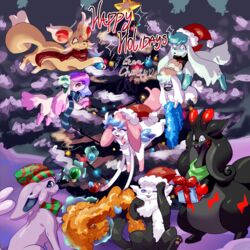  1:1 absurd_res ambiguous_gender cherry_(okinoakari) christmas christmas_ham christmas_tree dizzy_(dizzymilky) domestic_cat eeveelution espeon felid feline felis female feral generation_2_pokemon generation_4_pokemon generation_6_pokemon gift goodra group happy_holidays hi_res holidays hybrid legendary_pokemon male mammal nico_(screamoshaymin) nintendo plant pokemon pokemon_(species) reshirii scarf shaymin sky_forme_shaymin snow sylveon tree 