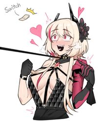  bad_id bad_twitter_id blonde_hair blush breasts collar dress female girls&#039;_frontline heart large_breasts leash leash_pull long_hair m4_sopmod_ii_(devourer_of_the_feast)_(girls&#039;_frontline) m4_sopmod_ii_(girls&#039;_frontline) mechanical_hands multicolored_hair official_alternate_costume red_eyes red_hair saru_(monkey_magic3) sharp_teeth shiny_skin simple_background single_mechanical_hand solo streaked_hair sweat teeth white_background 