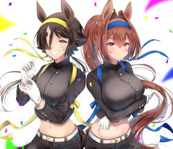  2girls animal_ears belt black_jacket black_pants blue_headband blush breasts brown_eyes brown_hair closed_mouth commentary_request confetti cowboy_shot crop_top crossed_arms daiwa_scarlet_(umamusume) gakuran gloves grin groin hair_between_eyes hair_intakes hair_over_one_eye headband highres horse_ears horse_girl horse_tail jacket large_breasts long_hair long_sleeves looking_at_viewer midriff multicolored_hair multiple_girls navel oerba_yun_fang ouendan pants poco. red_eyes school_uniform short_hair sidelocks skin_fang smile standing tail teeth twintails two-tone_hair umamusume very_long_hair vodka_(umamusume) white_background white_belt white_gloves white_hair yellow_eyes yellow_headband 