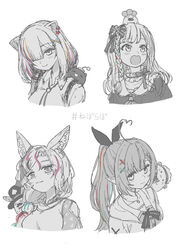  3girls ahoge animal_ears braid breasts commentary_request daifuku_(yukihana_lamy) earrings fox_ears fox_girl greyscale hair_ornament hair_over_one_eye hair_over_shoulder hashtag heart heart_ahoge highres hololive jewelry large_breasts lion_ears lion_girl long_hair medium_breasts momosuzu_nene momosuzu_nene_(casual) monochrome multicolored_hair multiple_girls nekko_(momosuzu_nene) nepolabo official_alternate_costume omaru_polka omaru_polka_(street_casual) pointy_ears ponytail shishiro_botan shishiro_botan_(button-down) side_braid single_braid spot_color ssrb_(shishiro_botan) streaked_hair translated virtual_youtuber watanabe_masafumi_(masafumi_127) x_hair_ornament yukihana_lamy yukihana_lamy_(casual) zain_(omaru_polka) 