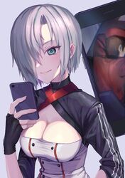  1boy black_gloves breasts cellphone cellphone_photo cleavage cleavage_cutout clothing_cutout commander_(girls&#039;_frontline) commentary_request commission female fingerless_gloves girls&#039;_frontline gloves green_eyes grey_hair griffin_&amp;_kryuger_military_uniform hair_over_one_eye large_breasts mg5_(girls&#039;_frontline) phone short_hair skeb_commission sleeping smartphone smile taking_picture upper_body yokai_cucumber 