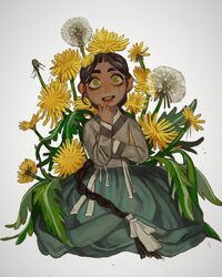  :d black_hair braid dandelion dandelion_clock female finger_to_mouth flower freckles hair_flower hair_ornament hanbok highres korean_clothes long_hair long_sleeves looking_at_viewer mindle_(mossacannibalis) mossacannibalis open_mouth original oversized_flower ringed_eyes simple_background single_braid sitting smile solo teeth thick_eyebrows upper_teeth_only very_long_hair white_background yellow_eyes yellow_flower 