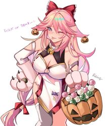  ;p animal_ears animal_hands blush bow breasts cleavage dango dress ear_ornament earrings female food food-themed_earrings fox_ears fox_girl genshin_impact gloves hair_between_eyes hairbow halloween_bucket hand_on_own_hip highres jack-o&#039;-lantern jack-o&#039;-lantern_earrings jewelry looking_at_viewer medium_breasts one_eye_closed paw_gloves pink_hair purple_eyes red_bow rudang sanshoku_dango simple_background single_thighhigh solo thighhighs tongue tongue_out wagashi white_background white_dress white_thighhighs yae_miko 