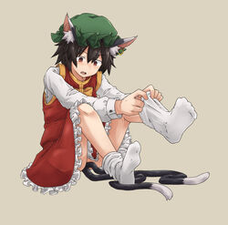  adjusting_sock animal_ear_fluff animal_ear_piercing animal_ears black_hair bow bowtie brown_hair cat_ears cat_tail chagamaka chen earrings female full_body gold_trim green_hat hat highres jewelry knees_up long_sleeves loose_socks mob_cap multiple_tails nekomata open_mouth red_skirt red_vest short_hair single_earring sitting skirt skirt_set socks solo tail teeth touhou two_tails vest white_socks yellow_bow yellow_bowtie 