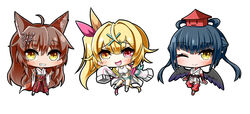  3girls animal_ears blonde_hair bow brown_hair butterfly_hair_ornament chibi denim denim_shorts double_v fox_ears fumi_(1st_costume)_(nijisanji) fumi_(nijisanji) hair_ornament hairbow hairclip hakama hakama_skirt heterochromia highres hoshikawa_sara hoshikawa_sara_(1st_costume) jacket japanese_clothes komora_(huran0729) looking_at_viewer midriff miko multiple_girls navel nijisanji one_eye_closed open_mouth orihimeboshi_(nijisanji) pink_eyes shirt short_shorts shorts side_ponytail skirt sleeves_past_fingers sleeves_past_wrists tied_shirt v virtual_youtuber white_jacket wings yamagami_karuta yamagami_karuta_(1st_costume) yellow_eyes 