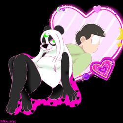  1:1 anthro bear black_body black_fur black_nose bottomwear choromatsu_matsuno clothed clothing duo female fur fur_markings giant_panda green_eyes hair human lunarpanda8686 male male/female mammal markings mika_(lunarpanda8686) mr._osomatsu portrait round_ears screencap_redraw simple_background sitting skirt slightly_chubby white_body white_fur white_hair 