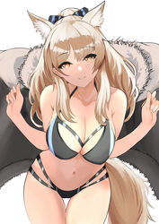  absurdres alternate_costume animal_ear_fluff animal_ears arknights bikini blemishine_(arknights) blonde_hair breasts brown_eyes cape censored cleavage cowboy_shot female fur-trimmed_cape fur_trim grey_bikini highres horse_ears horse_girl horse_tail large_breasts mosaic_censoring multi-strapped_bikini smile solo striped_bikini striped_clothes swimsuit tail tian_kazuki white_background 