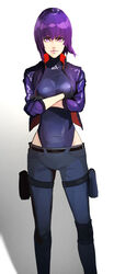  absurdres black_gloves breasts closed_mouth crossed_arms female ghost_in_the_shell ghost_in_the_shell:_sac_2045 gloves grey_pants highres ibaraki_shun jacket kusanagi_motoko leotard long_sleeves looking_at_viewer medium_breasts open_clothes open_jacket pants purple_eyes purple_hair purple_jacket purple_leotard short_hair solo standing white_background 