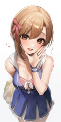  :d absurdres aiba_yumi bad_id bad_pixiv_id bare_arms bare_shoulders bikini bikini_under_clothes blue_dress blue_wristband blurry blush bow breasts brown_eyes brown_hair cheerleader cleavage commentary cowboy_shot dot_nose dress female frilled_dress frills front-tie_top hair_ribbon hairbow hand_up heart highres holding holding_pom_poms idolmaster idolmaster_cinderella_girls jewelry kudou_(sikisiki0000) looking_at_viewer low_neckline medium_breasts pom_pom_(cheerleading) red_bikini red_bow red_nails red_ribbon ribbon ring short_hair sidelocks signature simple_background sleeveless sleeveless_dress smile solo swept_bangs swimsuit translation_request two-tone_dress white_background wristband 