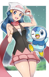  beanie blue_eyes blue_hair blush border bracelet commentary_request dawn_(pokemon) dress eyelashes female hat head_tilt highres holding holding_poke_ball jewelry long_scarf open_mouth outline outside_border piplup poke_ball poke_ball_(basic) pokemon pokemon_(creature) pokemon_dppt scarf shiny_skin smile teeth thighs tongue white_border white_headwear yasu_suupatenin 