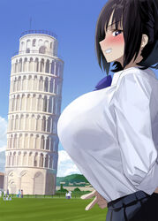  black_hair black_skirt blue_bow blue_bowtie blue_eyes blush bow bowtie breasts commentary day female forced_perspective grin huge_breasts kaisen_chuui leaning_tower_of_pisa long_sleeves looking_to_the_side optical_illusion original outdoors perspective pleated_skirt school_uniform shirt shirt_tucked_in sideways_glance skirt smile solo_focus tented_shirt v white_shirt 