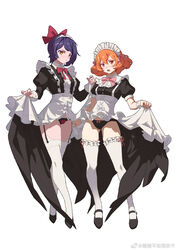  2girls black_footwear black_panties blush bow bowtie clothes_lift commentary_request dress dress_lift frilled_hairband frilled_thighhighs frills front_slit full_body glaring hairband hairbow highres huahua_buru_dangqiuqian looking_at_viewer lower_teeth_only maid maid_headdress meme multiple_girls orange_hair original panties parted_lips photo-referenced pink_bow pink_bowtie puffy_short_sleeves puffy_sleeves purple_hair purple_pupils red_bow red_bowtie short_hair short_sleeves simple_background sweatdrop tanjirou_disgusted_face_(meme) teeth thighhighs underwear weibo_logo weibo_watermark white_background white_hairband white_thighhighs white_wrist_cuffs wrist_cuffs yellow_eyes 