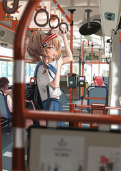  1boy 2girls absurdres angelina_(arknights) animal_ears arknights arm_up auguste backpack bag black_bag blue_sailor_collar blue_skirt blurry blurry_foreground brown_hair bus_interior depth_of_field fox_ears from_side hairband hand_grip highres long_hair looking_at_viewer looking_to_the_side multiple_girls open_mouth pleated_skirt red_eyes red_hairband revision sailor_collar school_uniform serafuku shirt short_sleeves skirt solo_focus standing surtr_(arknights) thorns_(arknights) twintails white_shirt yawning 