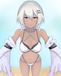  arm_belt belt bikini black_belt black_bikini breasts commentary_request dark-skinned_female dark_skin detached_sleeves earrings expressionless female g.g._shou highres jewelry layered_bikini looking_at_viewer multi-strapped_bikini_top navel nier_(series) nier_reincarnation noelle_(nier) noelle_(summer_weapon)_(nier) o-ring o-ring_bottom official_alternate_costume orange_eyes parted_lips short_hair solo standing swimsuit thighs white_bikini white_hair 