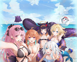  5girls ;d ahoge armpits bare_shoulders bikini black_bikini blonde_hair bloop_(gawr_gura) blue_bikini breasts choker cleavage day dema_hmw earrings eyewear_on_head fins fish_tail gawr_gura grey_hair group_picture halo halterneck highres hololive hololive_english holomyth jewelry large_breasts mori_calliope multicolored_hair multiple_girls nail_polish ninomae_ina&#039;nis ocean one_eye_closed orange_hair outdoors outstretched_arm pink_eyes pink_hair purple_eyes purple_hair shark_tail small_breasts smile streaked_hair string_bikini sunglasses swimsuit tail takanashi_kiara takodachi_(ninomae_ina&#039;nis) tentacle tentacle_hair tongue tongue_out v virtual_youtuber watson_amelia white_bikini white_choker 