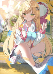  absurdres bandaid bandaid_on_leg baseball_cap blonde_hair blue_footwear blue_shirt blue_shorts breasts cropped_shirt female green_eyes hair_ornament hat headphones headphones_around_neck highres holding holding_clothes holding_hat holding_leaf hololive jinbei_(user_tpny4757) kazama_iroha kazama_iroha_(streetwear) leaf leaf_hair_ornament long_hair medium_breasts official_alternate_costume pink_headwear shirt shoes short_shorts shorts sneakers thigh_strap two-tone_headwear unworn_hat unworn_headwear virtual_youtuber white_footwear white_headwear 