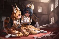  2girls animal_ear_fluff animal_ears bare_shoulders belt black_hair blonde_hair blue_eyes blush bow bowtie cosplay curly_hair dress elbow_gloves extra_ears fake_animal_ears gloves high-waist_skirt highres kaban_(kemono_friends) kemono_friends looking_at_another melaton miniskirt multiple_girls orange_bow orange_bowtie orange_eyes orange_gloves orange_skirt print_bow print_bowtie print_gloves print_skirt serval_(kemono_friends) serval_(kemono_friends)_(cosplay) serval_print shirt short_hair sitting skirt sleeveless sleeveless_shirt smile tail thighhighs traditional_bowtie two-tone_bowtie wariza white_bow white_bowtie white_footwear white_shirt zettai_ryouiki 