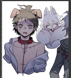  2boys ahoge alternate_costume animal_collar animal_ear_fluff animal_ears brown_hair closed_eyes collar collarbone danganronpa_(series) danganronpa_2:_goodbye_despair dog_ears facing_viewer fake_animal_ears fox_boy fox_ears green_jacket grey_background grey_shirt hair_between_eyes highres hinata_hajime hood hood_down jacket japanese_clothes kemonomimi_mode kimono komaeda_nagito leash male_focus multiple_boys multiple_tails multiple_views open_clothes open_mouth open_shirt shirt short_hair single_bare_shoulder tail tearing_up white_hair ziling 