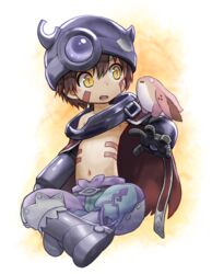  1boy 3balkan boots brown_hair cape full_body grey_footwear helmet highres made_in_abyss male_focus meinya_(made_in_abyss) midriff navel regu_(made_in_abyss) robot short_hair sitting yellow_eyes 