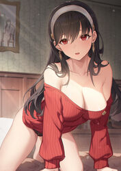  all_fours bare_legs bare_shoulders barefoot bed_sheet black_hair black_panties blush breasts cleavage collarbone commentary dot_nose earrings family_portrait female foot_out_of_frame gold_earrings hair_between_eyes hair_flowing_over hairband hayate_(leaf98k) headband highres indoors jewelry kneeling large_breasts light_particles long_hair looking_to_the_side no_pants off-shoulder_sweater off_shoulder on_bed open_mouth panties photo_(object) picture_frame pillow portrait_(object) red_eyes red_sweater sidelocks solo spy_x_family sweater swept_bangs twilight_(spy_x_family) underwear wainscoting wallpaper_(object) white_hairband yor_briar 