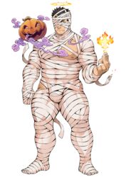  1boy abs alpha_transparency bandage_over_one_eye bandages bara black_hair burnt facial_hair frown full_body half-closed_eyes halo large_pectorals male_focus manly mature_male mummy_costume muscular muscular_male naop_(anything) nipples official_alternate_costume official_art pectorals pumpkin smoke solo sparkle spiked_hair stubble thick_arms thick_thighs thighs third-party_source tight_clothes tokyo_afterschool_summoners transparent_background yellow_eyes zabaniyya_(halloween)_(housamo) zabaniyya_(housamo) 