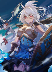  absurdres armor armored_dress black_thighhighs blue_dress blue_sky bow breastplate breasts brown_gloves chinese_commentary cloud commentary_request cowboy_shot dark-skinned_female dark_skin day dragon dress faulds female gloves granblue_fantasy hair_between_eyes highres holding holding_shield holding_sword holding_weapon kongbai_huanxiang long_hair looking_at_viewer medium_breasts outdoors panties parted_lips red_bow red_eyes shield sky sleeveless sleeveless_dress solo sword thighhighs underwear weapon white_hair white_panties wind wind_lift zooey_(granblue_fantasy) 