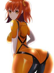  ahoge arched_back ass bodysuit breasts fate/grand_order fate_(series) female fujimaru_ritsuka_(female) fujimaru_ritsuka_(female)_(chaldea_combat_uniform) hair_ornament hair_scrunchie kankitsu_kei looking_at_viewer looking_back medium_breasts official_alternate_costume one_side_up open_mouth orange_bodysuit orange_eyes orange_hair scrunchie short_hair solo thighs 