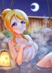  ayase_eli blonde_hair blue_eyes blush breast_suppress breasts cleavage closed_mouth commentary crescent_moon eyebrows_hidden_by_hair eyelashes female hair_bun highres lantern love_live! love_live!_school_idol_project medium_breasts moon naked_towel night onsen partially_submerged ritaso short_hair_with_long_locks single_bang single_hair_bun smile solo steam tareme towel 