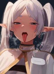  ... absurdres black_background blush commentary_request dio_nand earrings elf female frieren green_eyes highres jewelry long_hair looking_at_viewer open_mouth pointy_ears simple_background solo sousou_no_frieren speech_bubble spoken_ellipsis tongue tongue_out twintails upper_body white_hair 