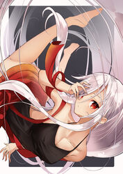  absurdres armpits backless_shirt bare_arms bare_legs barefoot black_shirt breasts chiya_(urara_meirochou) cleavage female floating_hair hair_between_eyes halterneck highres kootee-on long_hair miniskirt parted_lips red_eyes red_skirt shirt skirt sleeveless sleeveless_shirt small_breasts soles solo spaghetti_strap urara_meirochou very_long_hair white_hair 