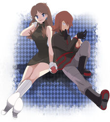  1boy ageha black_dress black_footwear black_gloves blue_eyes boots brown_hair checkered_background dress earrings female full_body gloves green_(pokemon) grey_eyes holding holding_poke_ball jewelry poke_ball poke_ball_(basic) pokemon pokemon_adventures red_hair silver_(pokemon) smile step-siblings white_footwear white_gloves 